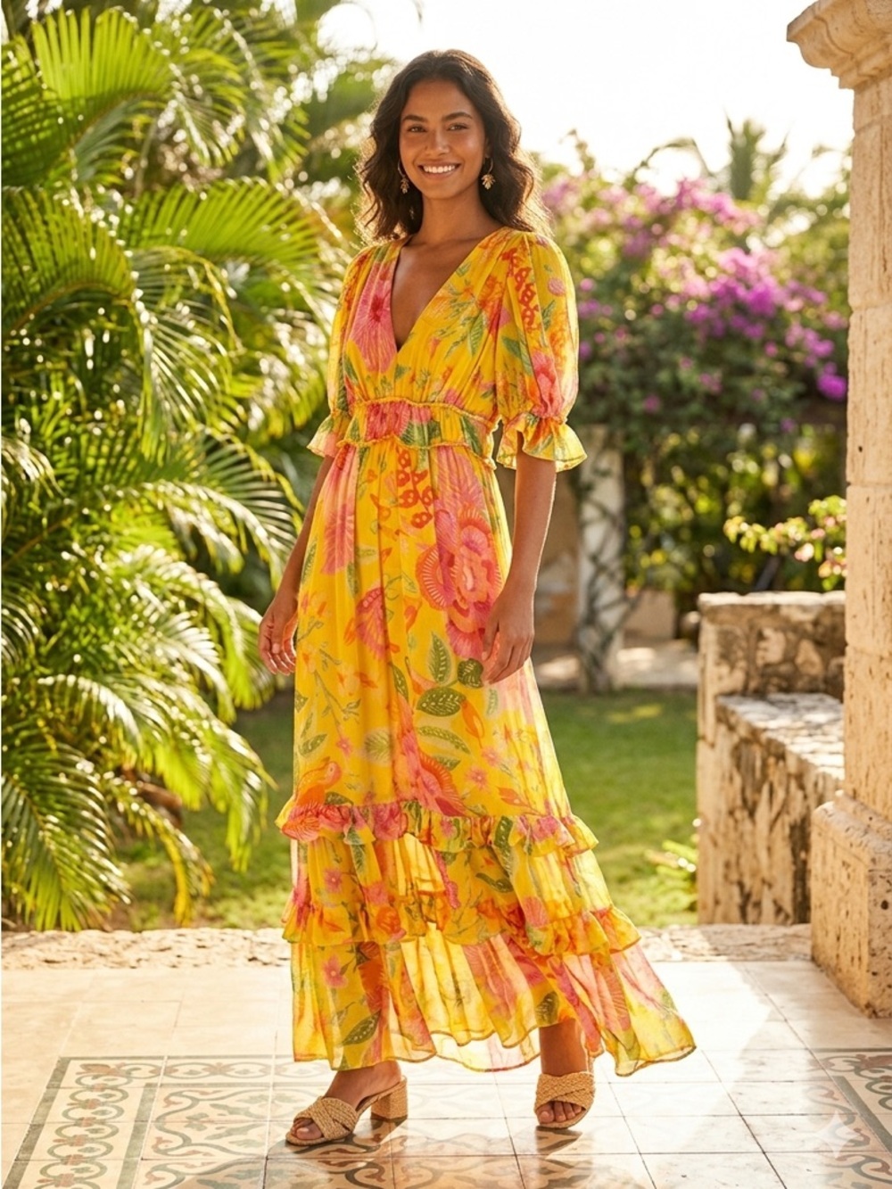 FARM Rio Yellow Multi Floral V-Neck Tiered Maxi Dress